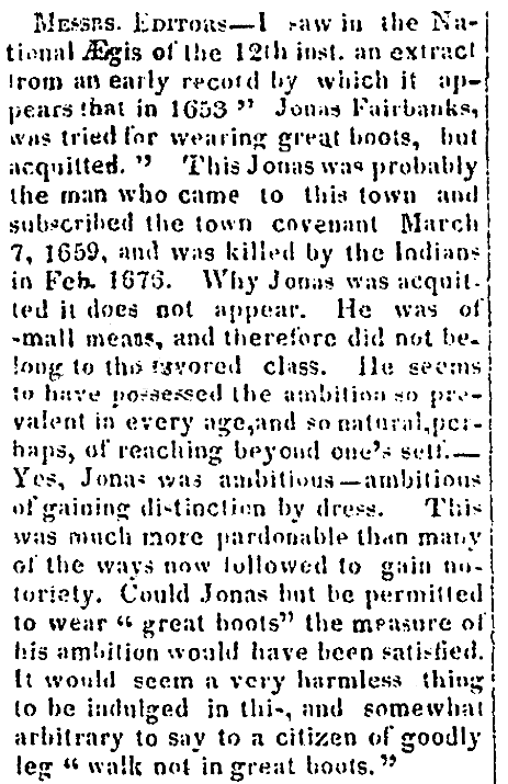 An article about Jonas Fairbanks, Newburyport Herald newspaper article 12 December 1828