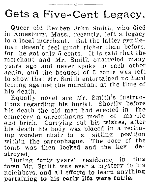 An article about Reuben John Smith's will, Plain Dealer newspaper article 19 March 1899