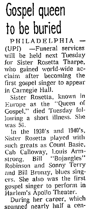 An article about Sister Rosetta Tharpe, Seattle Daily Times newspaper article 11 October 1973