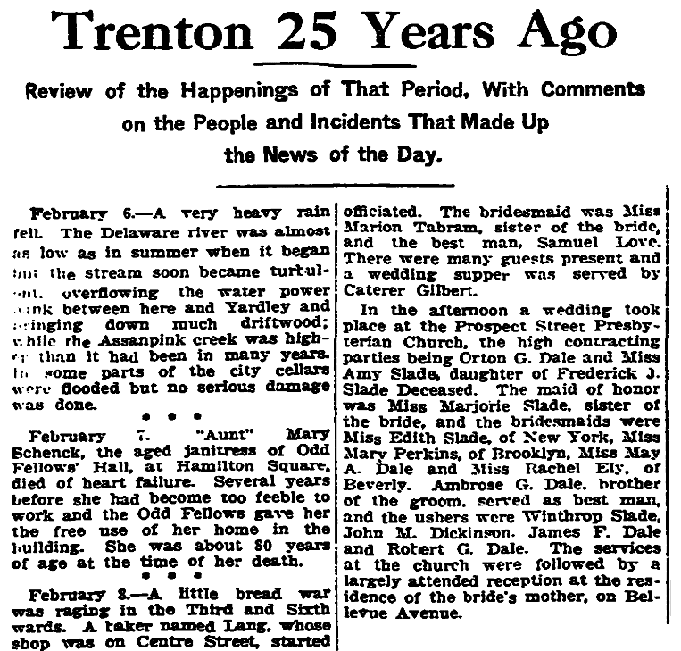 A "25 Years Ago" newspaper column, Trenton Evening Times newspaper article 6 February 1921