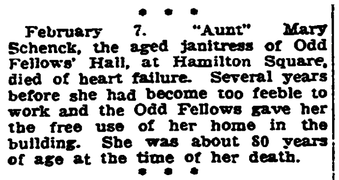 A death notice for Mary Schenck, Trenton Evening Times newspaper article 6 February 1921