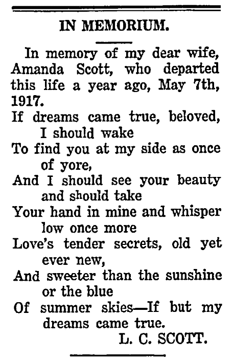 An article about Amanda Scott, Advocate newspaper article 17 May 1918