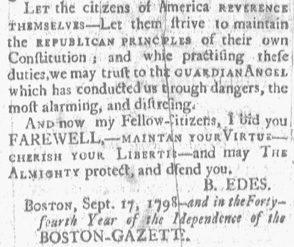 The farewell address of publisher Benjamin Edes, Boston Gazette newspaper article 17 September 1798