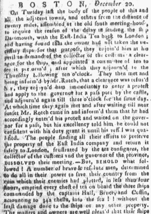 An article about the Boston Tea Party, Boston Gazette newspaper article 20 December 1773