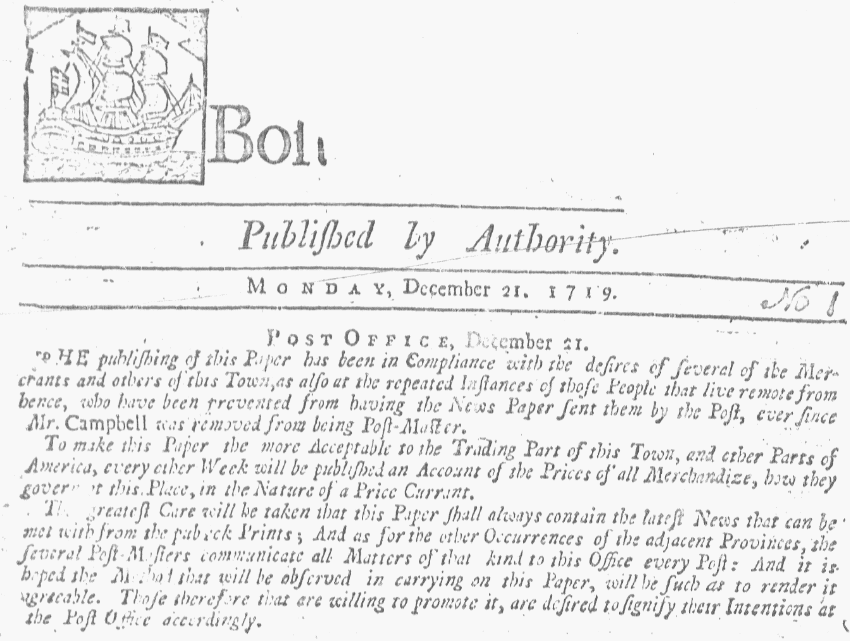 The paper's masthead, Boston Gazette newspaper 21 December 1719