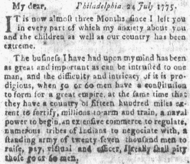 A letter from John Adams to his wife Abigail, Boston Gazette, or, Country Journal newspaper article 1 January 1776