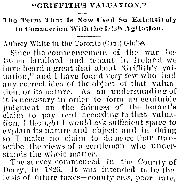 An article about Griffith's Valuation, Cincinnati Daily Gazette newspaper article 25 December 1880