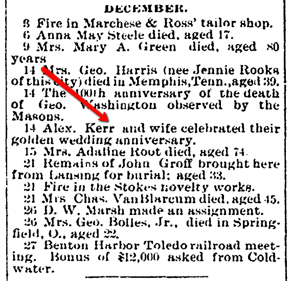 An article about Alexander Kerr and his wife, Coldwater Daily Reporter newspaper article 1 January 1900