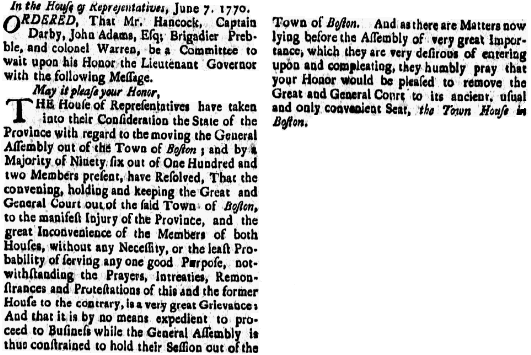 An article about Colonial Massachusetts, Connecticut Gazette newspaper article 15 June 1770