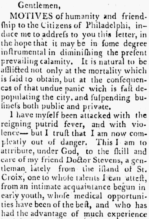A letter from Alexander Hamilton, Daily Advertiser newspaper article 16 September 1793