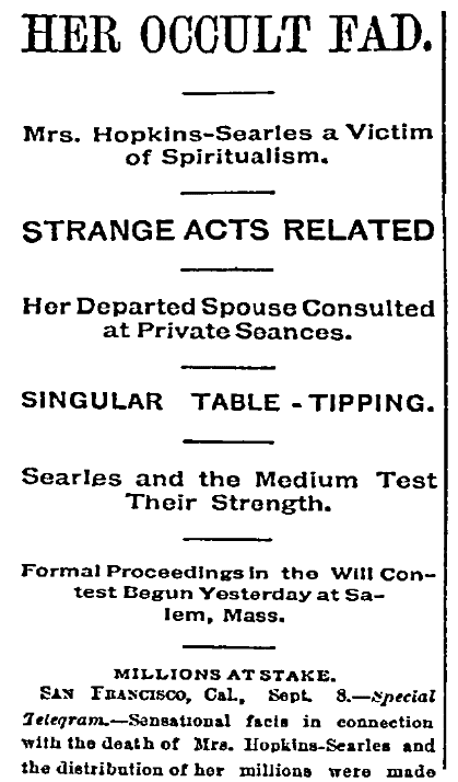 An article about Mary Hopkins Searles, Daily Inter Ocean newspaper article 9 September 1891