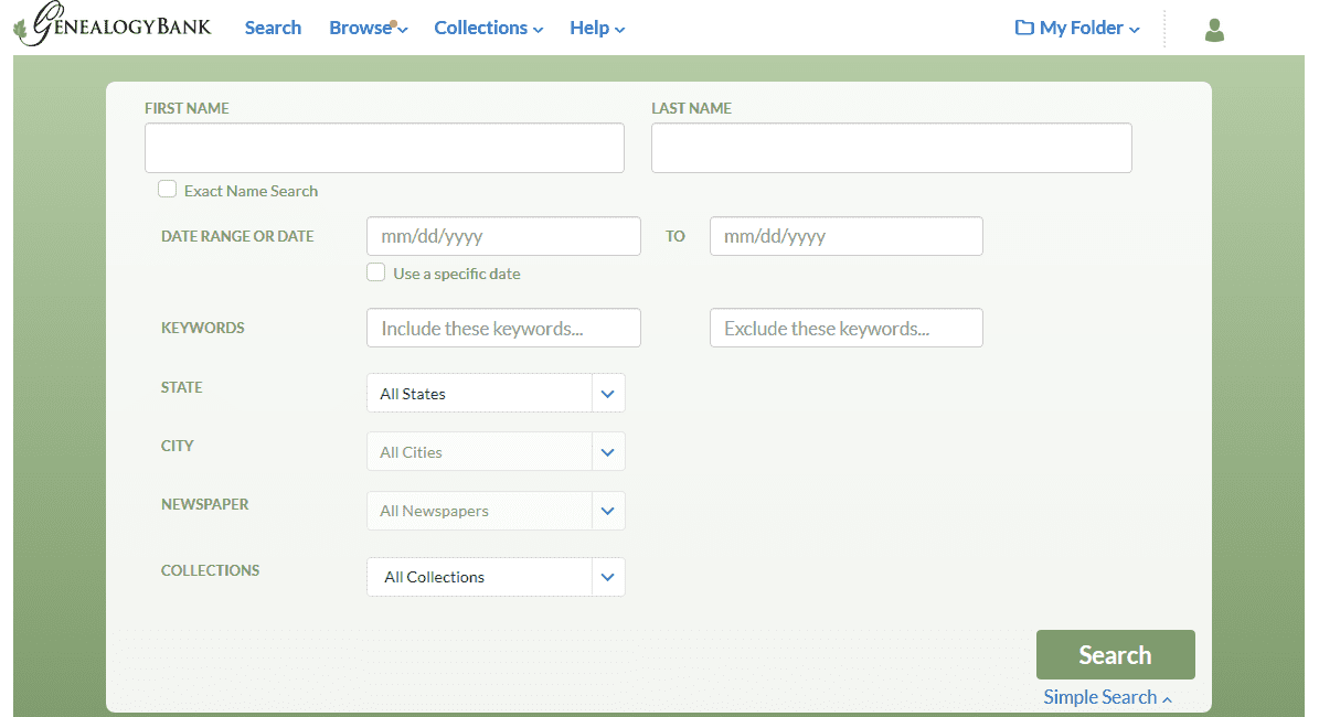 Photo: a screenshot of GenealogyBank's Advanced Search feature