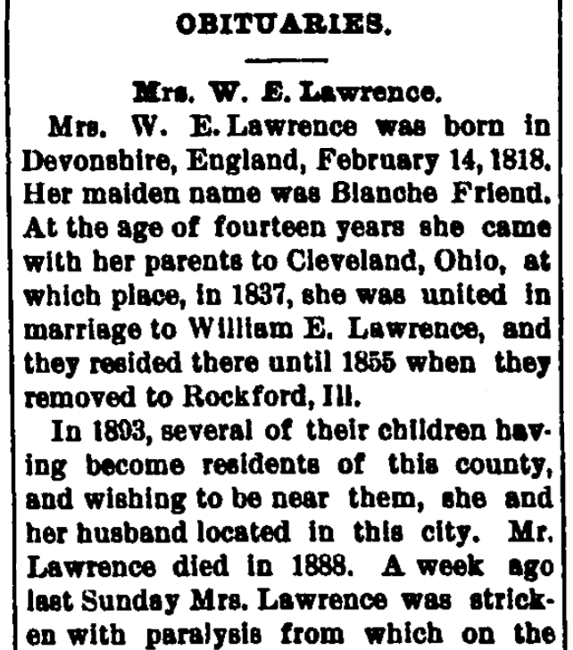 An obituary for Blanche Lawrence, Manchester Democrat newspaper article 3 January 1900