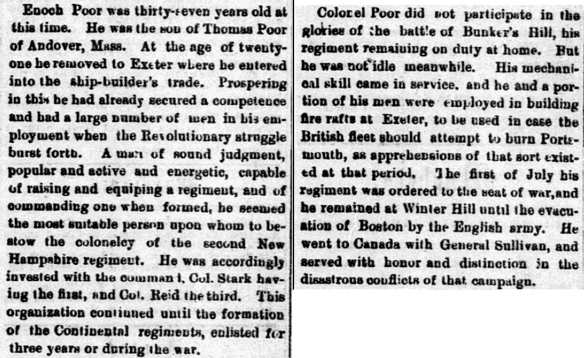 An article about Enoch Poor, New Hampshire Patriot and State Gazette newspaper article 6 September 1876