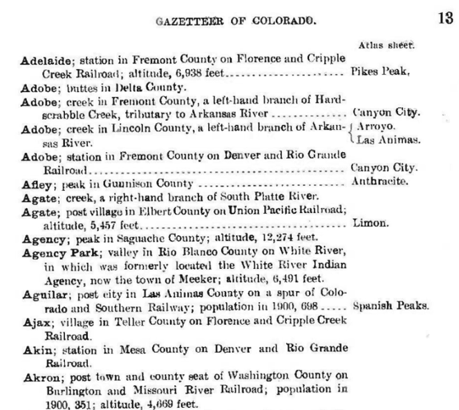 Photo: page from a 1906 Colorado gazetteer