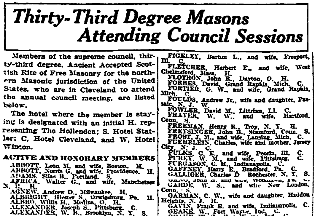 An article about a meeting of Masons, Plain Dealer newspaper article 17 September 1922