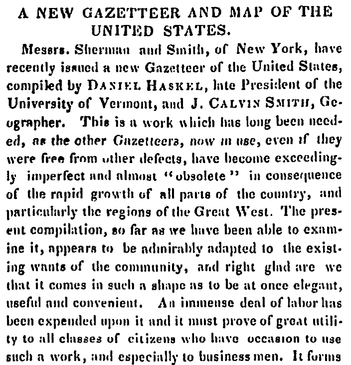 An article about a gazetteer, Salem Register newspaper article 5 October 1843