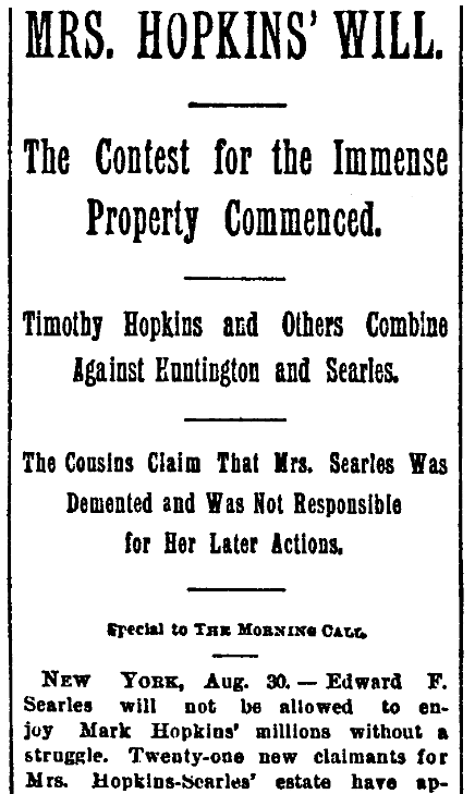 An article about Mary Hopkins Searles, San Francisco Call Bulletin newspaper article 31 August 1891