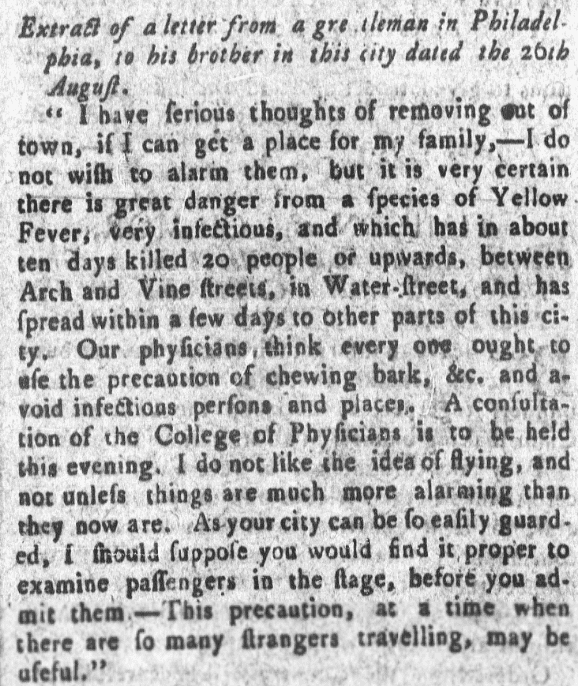 An article about yellow fever, Weekly Museum newspaper article 31 August 1793