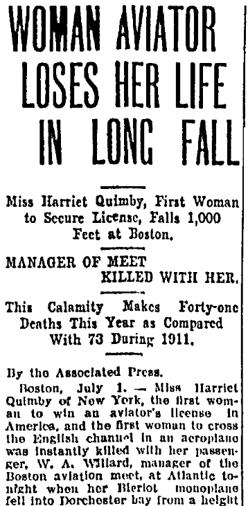 An article about Harriet Quimby, Aberdeen American newspaper article 2 July 1912