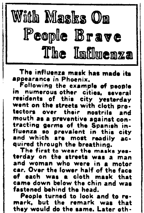 An article about flu masks, Arizona Republican newspaper article 26 October 1918