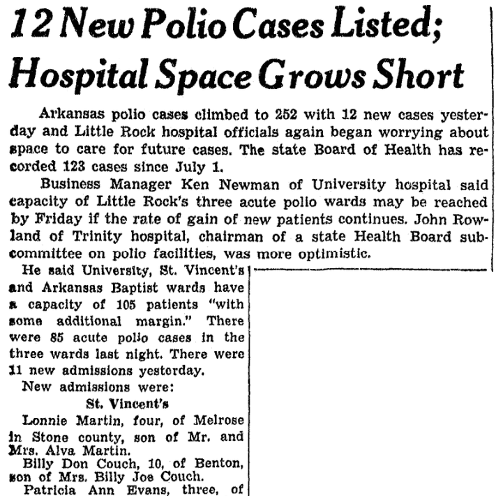 An article about the hospital space available for polio victims, Arkansas Gazette newspaper article 13 July 1949