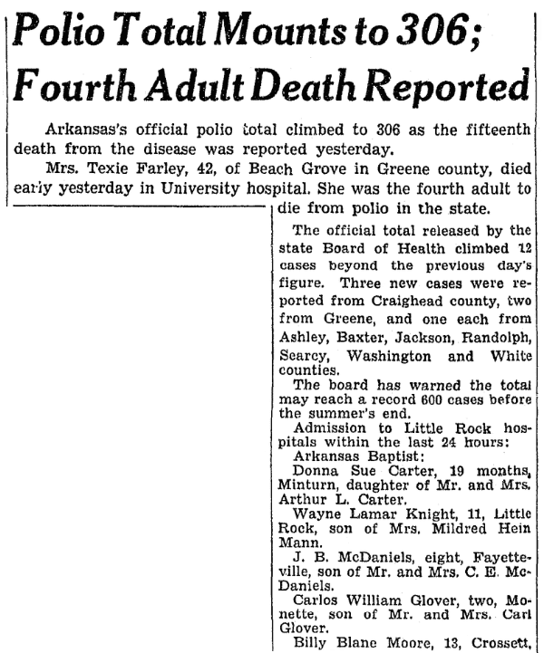 An article about polio, Arkansas Gazette newspaper article 17 July 1949