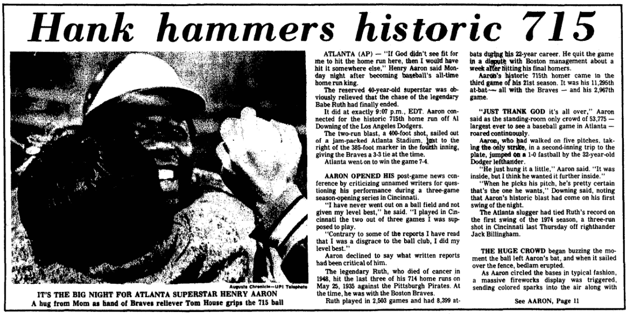 Hank Aaron, just before breaking home run record, visited Albion in 1974