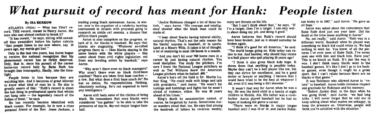 An article about Hank Aaron speaking about issues facing African Americans, Augusta Chronicle newspaper article 9 April 1974