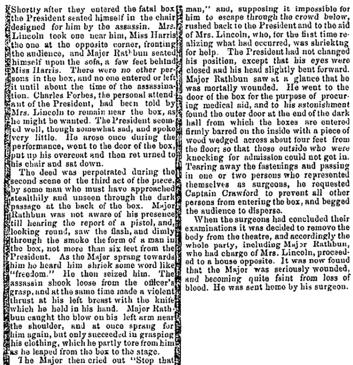 An article about the assassinatino of President Abraham Lincoln, Baltimore Clipper newspaper article 18 April 1865