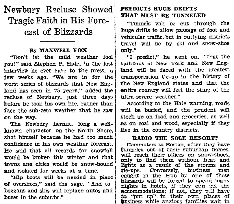 An article about Stephen Hale, Boston Herald newspaper article 26 January 1930