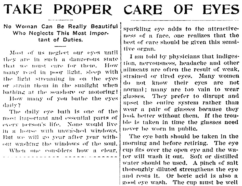 An article about eye wash cups and washing the eyes, Cleveland Gazette newspaper article 29 July 1916