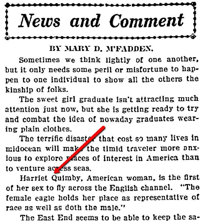 An article about Harriet Quimby, Duluth News-Tribune newspaper article 17 April 1912