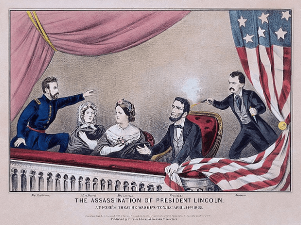 Illustration: "Assassination of Abraham Lincoln." This Currier & Ives print (1865) implies Rathbone was already rising as Booth fired at Lincoln; in fact, Rathbone was unaware of Booth until he heard the shot. Credit: Currier & Ives; Wikimedia Commons.