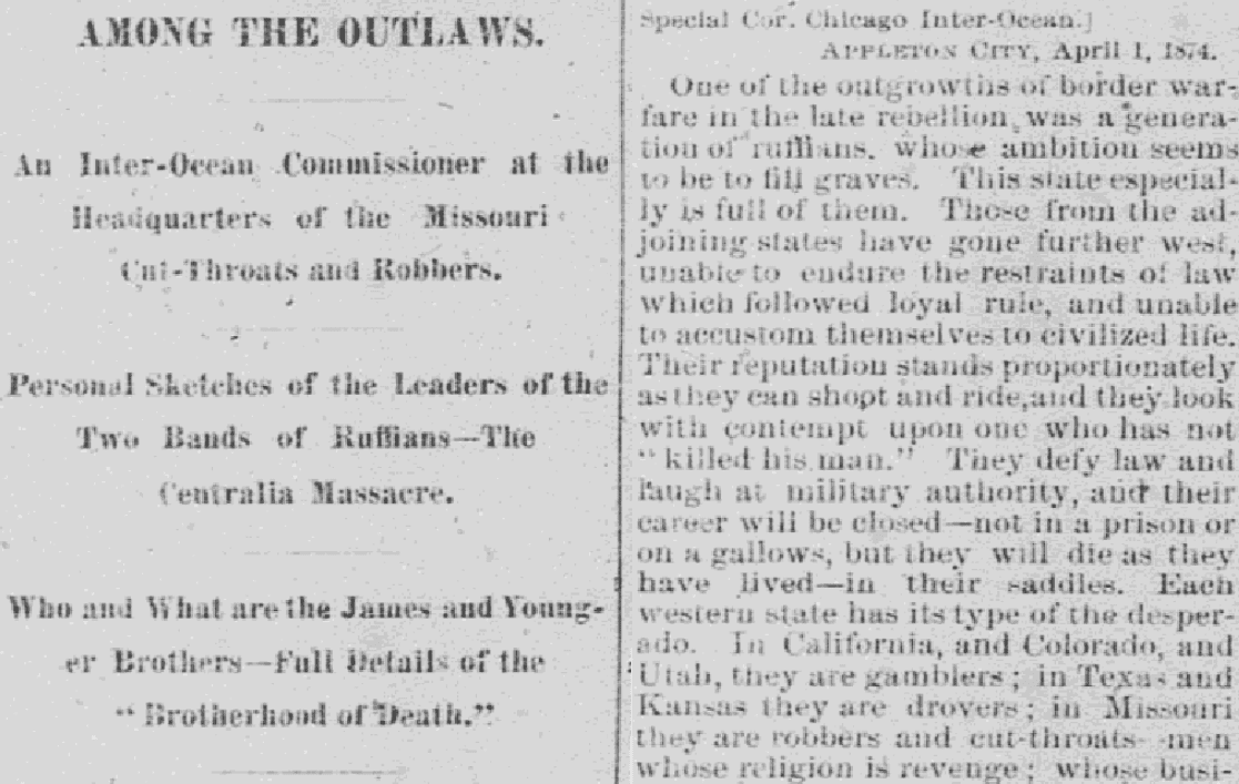 An article about the James-Younger gang, Morning Republican newspaper article 9 April 1874