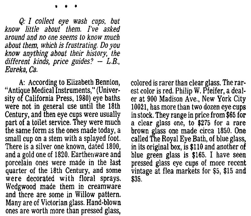 An article about eye wash cups, Newark Star-Ledger newspaper article 24 December 1981
