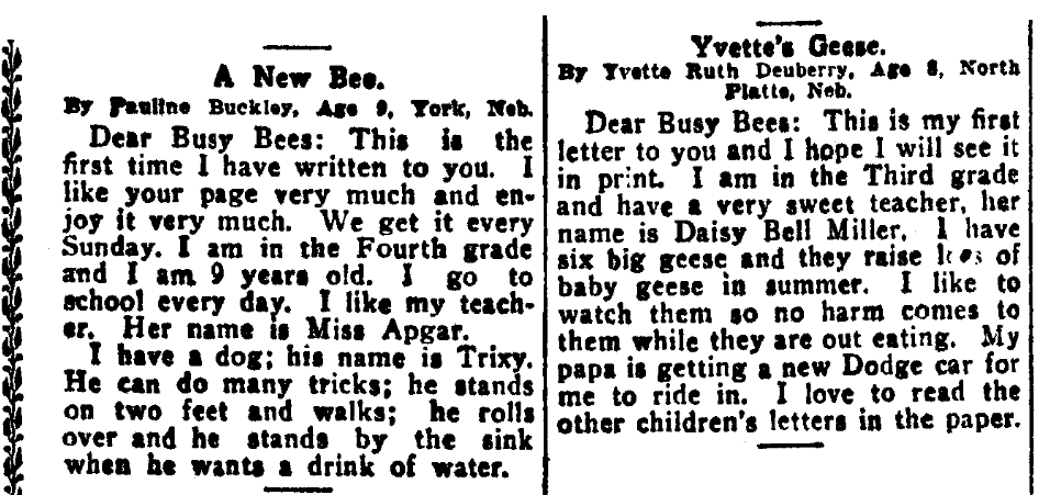 Children's letters to the editor, Omaha Daily Bee newspaper article 16 March 1919