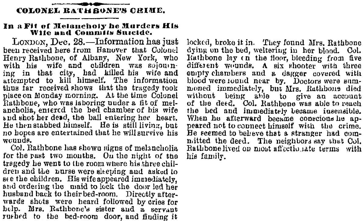 An article about Henry Rathbone and Clara Harris, Patriot newspaper article 31 December 1883