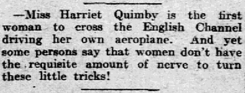 An article about Harriet Quimby, Philadelphia Inquirer newspaper article 18 April 1912