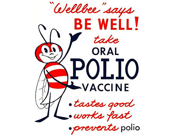 Photo: this 1963 poster featured the Centers for Disease Control and Prevention's national symbol of public health, the "Wellbee," encouraging the public to receive an oral polio vaccine. Credit: Centers for Disease Control and Prevention; Wikimedia Commons.