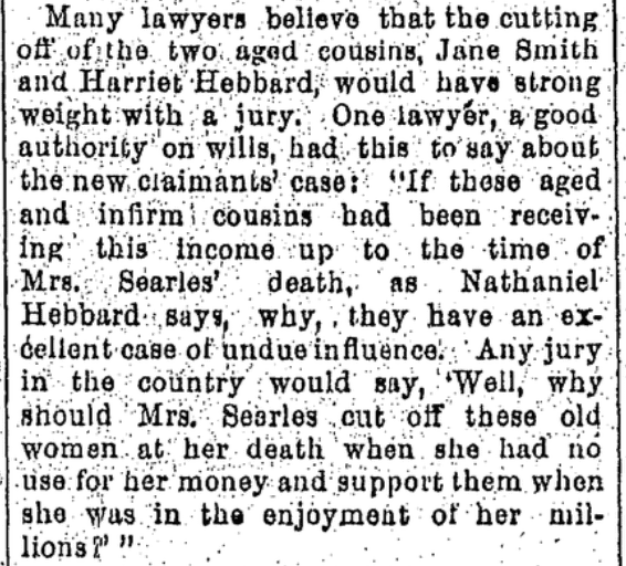 An article about the Searles probate hearing, San Francisco Chronicle newspaper article 2 September 1891