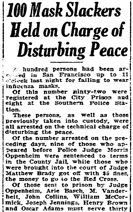 An article about flu masks, San Francisco Chronicle newspaper article 29 October 1918