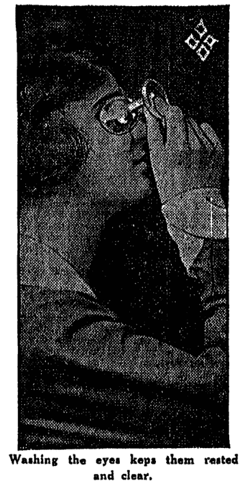 A photo of a woman using an eye wash cup, Times-Picayune newspaper article 28 August 1917