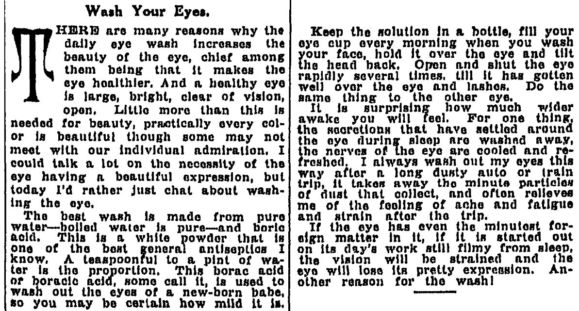 An article about eye wash cups and washing the eyes, Times-Picayune newspaper article 28 August 1917