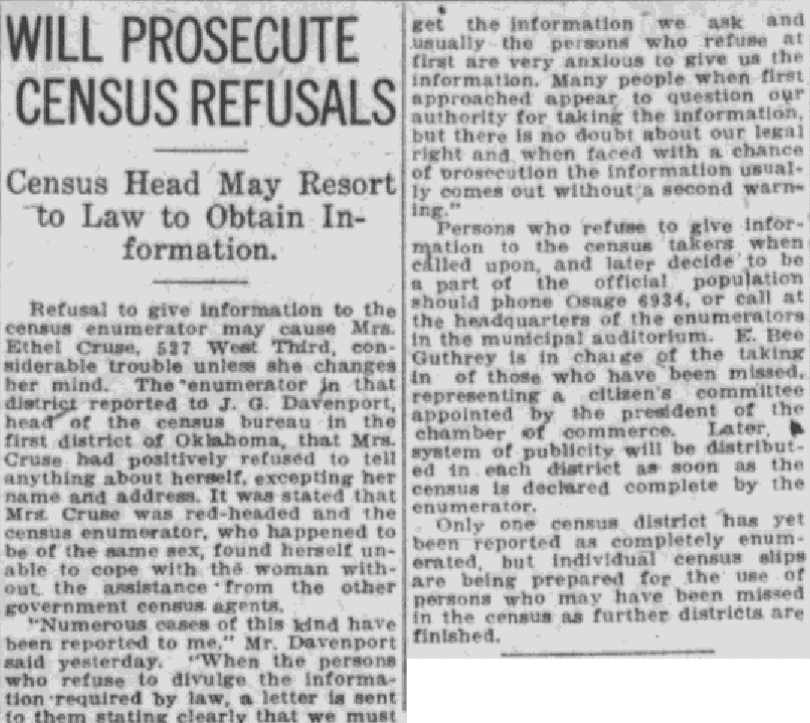 An article about the U.S. Census, Tulsa World newspaper article 15 January 1920