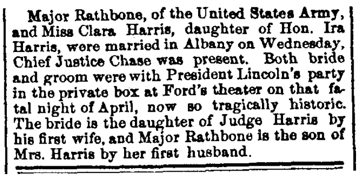 An article about the wedding of Henry Rathbone and Clara Harris, Waterbury Daily American newspaper article 15 July 1867
