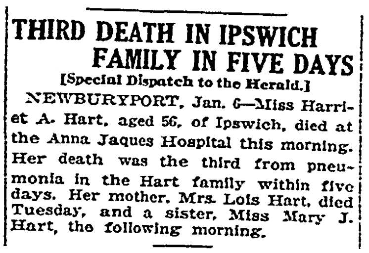 A Hart family obituary, Boston Herald newspaper article 7 January 1917