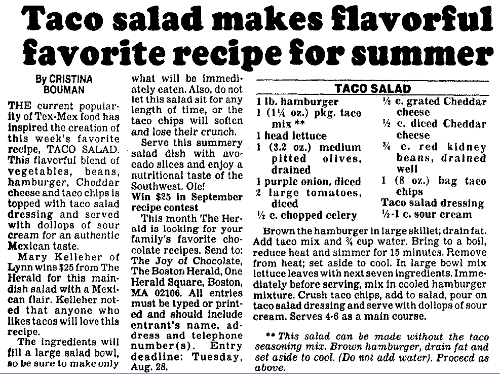 A taco salad recipe, Boston Herald newspaper article 22 August 1984
