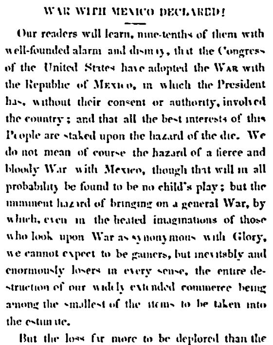 An article about the Mexican-American War, Daily National Intelligencer newspaper article 13 May 1846