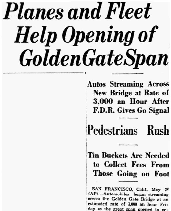 An article about the Golden Gate Bridge, Dallas Morning News newspaper article 29 May 1937